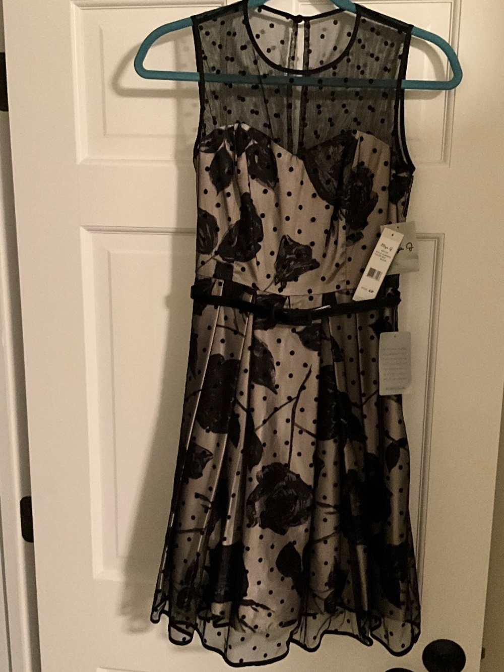 Eliza J polka dot & floral black mesh and champagne lining mini formal size 4P